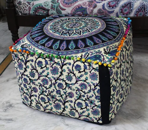 Miniatura 5 de CRAFT KALA Funda de puf tradicional de retazos cuadrados indios, funda para puf de sala de estar india, diseño otomano, decoración otomana, Elefante