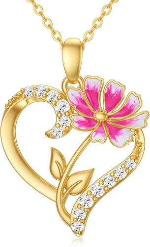 Miniatura 14 de Collar de flor de nacimiento de oro real de 14 quilates para mujer, oro amarillo creado moissanita con colgante de corazón, collares