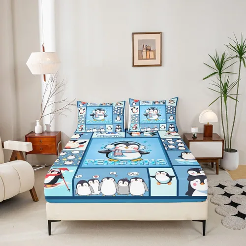 Miniatura 5 de Juego de sábanas de dibujos animados para niños, tamaño King, bonito juego de ropa de cama de esquí de animales árticos, decoración de habitación