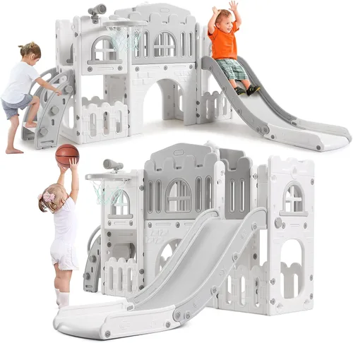 Juego de actividades para niños pequeños 8 en 1, incluye tobogán, escalador, aro de baloncesto, túnel, telescopio, volante y almacenamiento, equipo
