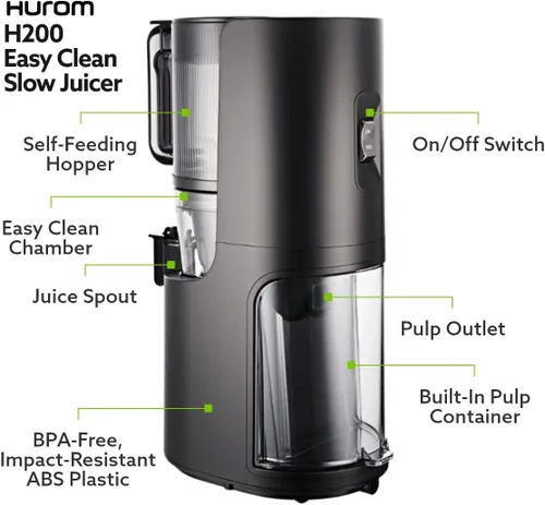 Miniatura 2 de Hurom H-200 - Máquina electrónica de exprimidor lento (plateado), autoalimentación con tolva de boca grande para adaptarse a frutas y verduras