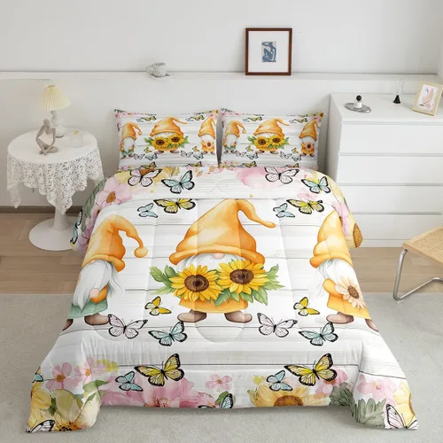 Miniatura 9 de Juego de edredón de gnomos de flores de primavera, romántico, rosa, floral, lindo, acolchado, tamaño individual, para niños, niñas, adolescentes