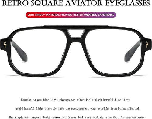 Miniatura 6 de PORADAY Gafas de Bloqueo de Luz Azul para Mujeres y Hombres Estilo Retro Cuadrado de los Años 70 Gafas de Aviador Gafas Rectangulares para A1 negro