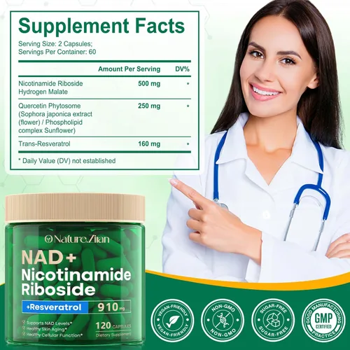Miniatura 2 de O NATURE . ZIRAN Suplemento NAD, NAD nicotinamida ribósido 910 mg para hombres y mujeres, resveratrol liposomal de ribósido de nicotinamida