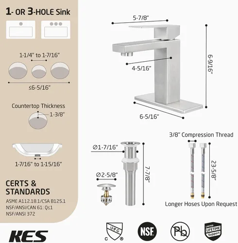 Miniatura 6 de KES L3156ALFF12-BS-C2-PL - Grifos de baño para fregadero de un solo orificio o 3 agujeros, acero inoxidable, drenaje desplegable sin desbordamiento