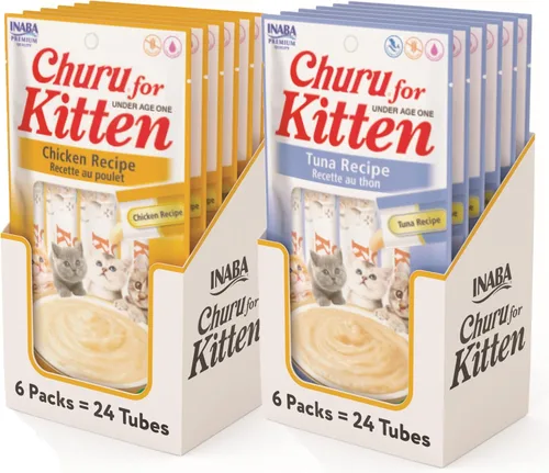INABA Churu para gatitos, golosinas de puré cremoso para gatos que se pueden lamer con DHA, EPA, vitamina E y taurina, 0.5 onzas cada una, 48 tubos
