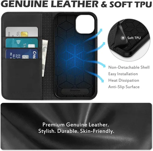 Miniatura 3 de SHIELDON Funda para iPhone 13, de piel auténtica, con función atril, bloqueo RFID, tarjetero de crédito, a prueba de golpes, protección completa