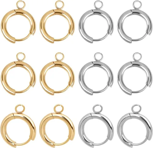 UNICRAFTALE 12 piezas de 2 colores de 0.591 in de diámetro real chapado en oro de 24 quilates 201 de acero inoxidable 201 aretes de aro con bucles