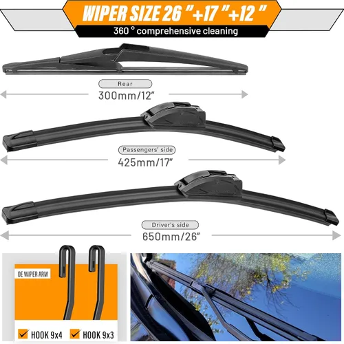 Miniatura 3 de AUTOBOO Limpiaparabrisas de 26 + 17 pulgadas con limpiaparabrisas trasero de 12 pulgadas de repuesto para Nissan Rogue Pathfinder 2013 2014 2015