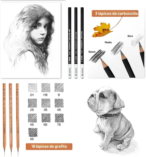 Miniatura 3 de YunQiDeer Lápices de dibujo, suministros de arte, kit de lápices de boceto para niños y adultos, juego de lápices de arte de grafito de carbón