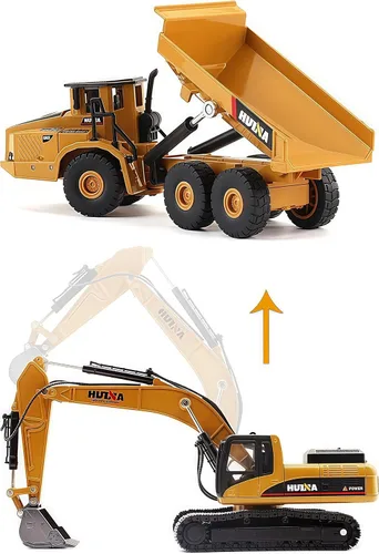 Miniatura 5 de Gemini&Genius Juego de 2 piezas de vehículos de construcción, camión volquete y excavadora, de metal pesado, escala 1/50, excavadora y descargadora