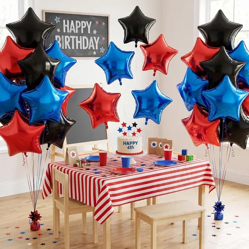 Miniatura 7 de Globos de estrellas rojas, azules y negras, globo de papel de aluminio de 18 pulgadas para helio, paquete de 10 globos rojos y azules, globo de Negro
