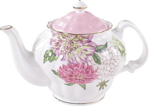 Tetera de porcelana de hueso, teaset inglés, diseño floral de dalia con borde dorado, 37 onzas