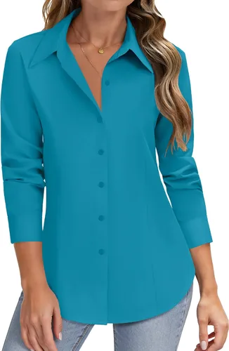 Miniatura 21 de HOTOUCH Camisas de manga larga con botones para mujer, camisas de vestir con protección contra manchas, ajuste delgado, blusas de trabajo, oficina