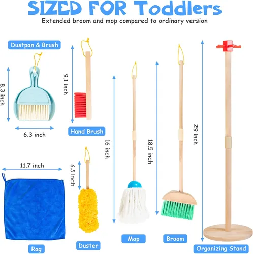 Miniatura 2 de Conjunto de limpieza de madera para niños pequeños, 8 piezas de juguetes de limpieza Montessori con escoba y trapeador para niños, juguete