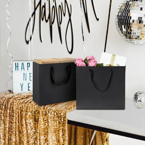 Miniatura 5 de Ohuimrt 6 bolsas grandes de regalo negras con asas, 12.5 x 4.5 x 11 pulgadas, bolsas de papel negro mate de alta calidad para fiestas, compras
