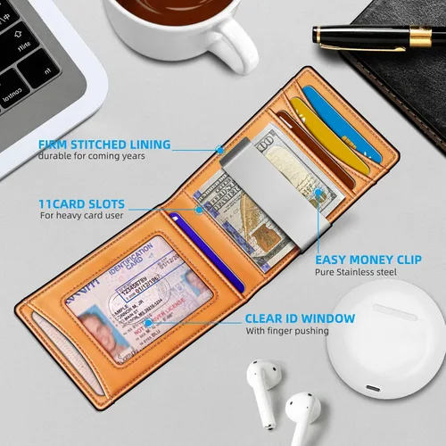 Miniatura 4 de KEMISANT Billetera para hombre para Airtag o uso estándar, cartera delgada con bolsillo frontal con 11 tarjetas con bloqueo RFID, sin agujeros