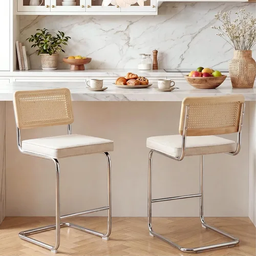 Zesthouse Juego de 2 Taburetes de Mostrador de Ratán Natural, 26'' Taburetes de Bar Modernos de Altura de Mostrador, Taburetes de Bar de Lino
