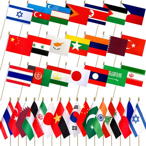 Asia Asia 48 países banderas fijadas en palo de madera pequeña mini bandera de mano, 5x8 pulgadas