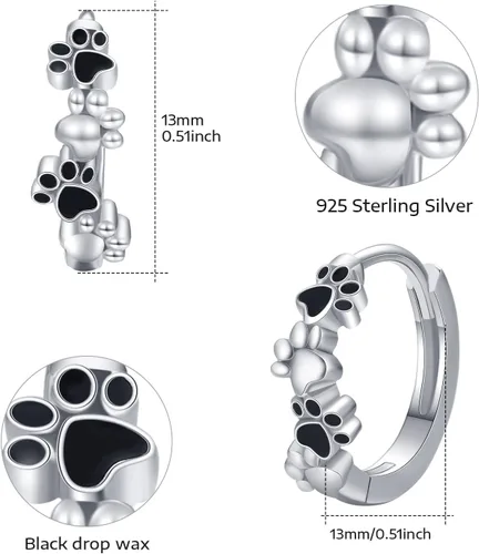 Miniatura 4 de Aretes de perro para mujer, aretes de aro pequeños de plata de ley con estampado de patas, aretes de aro para cachorros, aretes de pata de gato