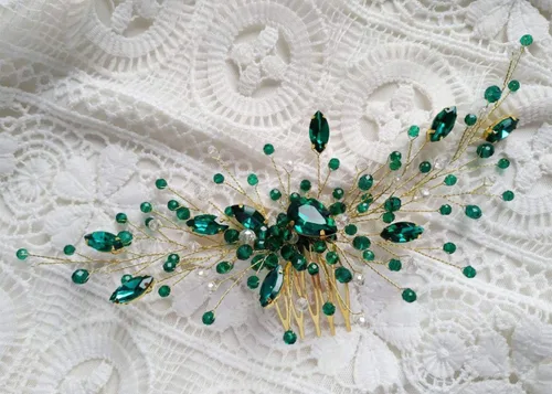 Miniatura 7 de Kercisbeauty Peine de pelo de cristal bohemio para mujer, accesorio para el cabello de boda, novia, baile de graduación, color verde