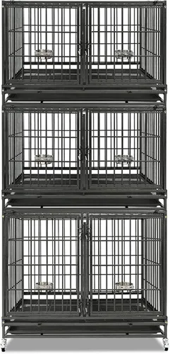 Miniatura 16 de Homey Pet Paquete de 2 jaulas apilables de tres niveles de 43 pulgadas para perros con ruedas, jaula de acero indestructible para perros