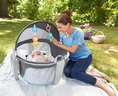 Miniatura 7 de Fisher-Price Moisés Portátil On-The-Go Baby Dome, Espacio de Juego de Viaje con Juguetes de Desarrollo para Recién Nacidos y Toldo, Windmill