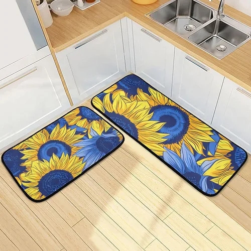 Miniatura 7 de Alfombras de cocina con girasoles para cocina, 2 piezas de búfalo a cuadros, girasol, antifatiga, alfombra antideslizante para piso, alfombra
