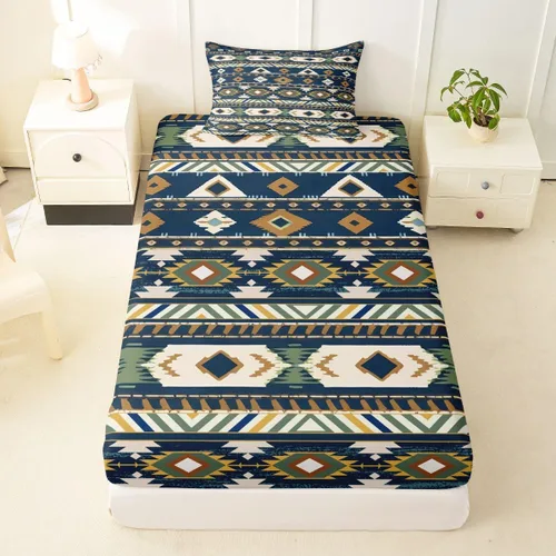 Miniatura 50 de Juego de ropa de cama occidental tamaño individual, sábanas aztecas, estilo nórdico exótico, bohemio, sábana bajera ajustable de tribu india