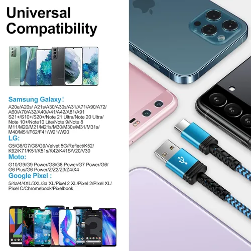 Miniatura 5 de Cable USB C de carga rápida, paquete de 2 cables tipo C de 3 pies, cable trenzado de teléfono Android para Samsung Galaxy A32 A15 5G A17 A16 A56 A35
