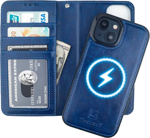 Miniatura 13 de Bocasal Funda tipo cartera desmontable para iPhone 15 con bloqueo RFID, ranuras para tarjetas, soporte de cuero PU premium, soporte magnético tipo