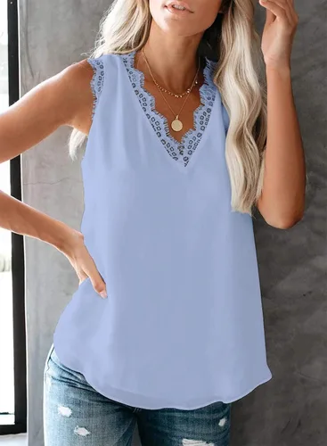 Miniatura 209 de VIISHOW - Camiseta sin mangas, sexy, con cuello en V y bordes de encaje para mujer, camisola de vestir, camisas de gasa, sin mangas, casuales