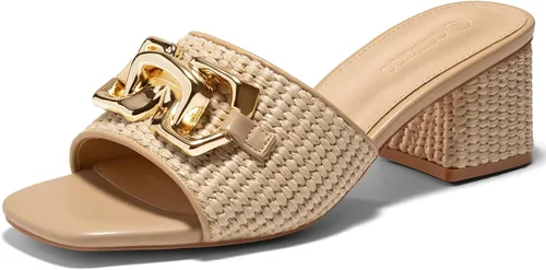 Miniatura 7 de Coutgo Sandalias de cuña con tacón grueso de rafía para mujer, con punta abierta, cuadradas, con cadena metálica, sin cordones, elegantes