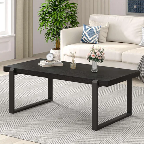 Miniatura 3 de EXCEFUR - Mesa de café moderna negra, mesa de centro industrial de madera y metal para sala de estar, mesa de té y cóctel rectangular, roble negro