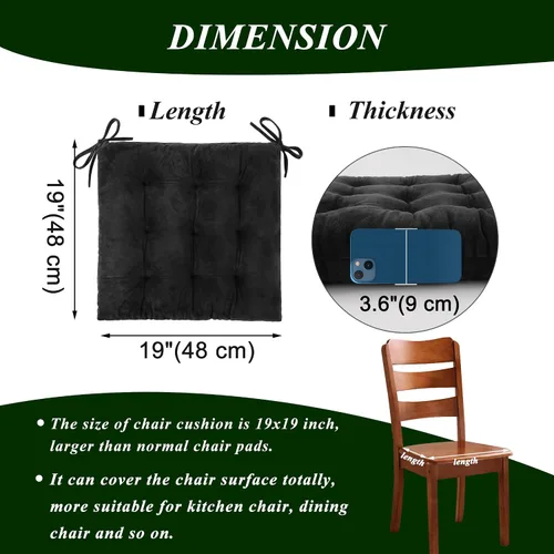 Miniatura 2 de Paquete de 4 cojines para sillas de comedor, oficina, cocina, 19 x 19 pulgadas, cojines para sillas y cojines cómodos con lazos (terciopelo negro)