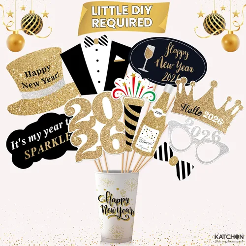 Miniatura 5 de Katchon, Accesorios para cabina de fotos de Año Nuevo con purpurina – Paquete de 35 Accesorios de cabina de fotos NYE para suministros de fiesta