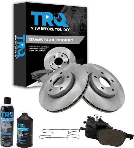 TRQ Kit de pastillas de freno delantero y rotor, kit químico de freno, pastillas de freno de cerámica compatible con Ford C-Max 2012-2018 Focus