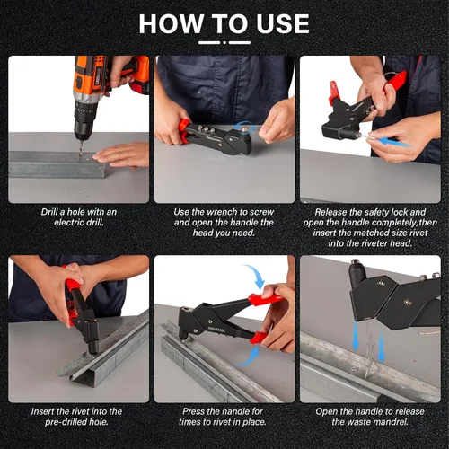 Miniatura 6 de Kit de pistola de remache pop HAUTMEC con cabeza giratoria de 360° para espacios estrechos, 120 remaches ciegos, herramienta de remache manual