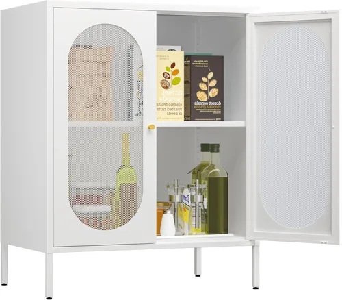 Miniatura 27 de Gabinete de almacenamiento lateral de metal pequeño de 2 puertas para habitación, entrada, pasillo, cocina, 1 estante extraíble.