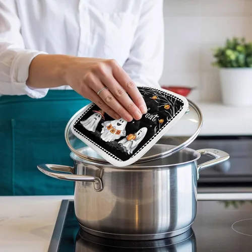 Miniatura 4 de Juego de 2 soportes para ollas de Halloween para cocina, platos de sartén para horno, tapete a prueba de calor con lazo para colgar, agarraderas