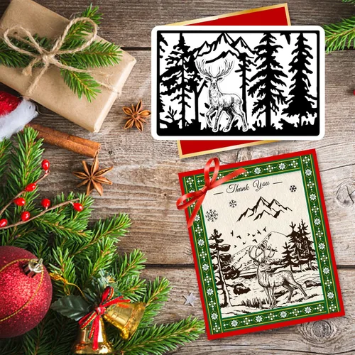 Miniatura 8 de INFUNLY Sellos y troqueles de bosque navideño para hacer tarjetas, sellos y troqueles de ciervo de Navidad, plantillas de ciervo para hacer