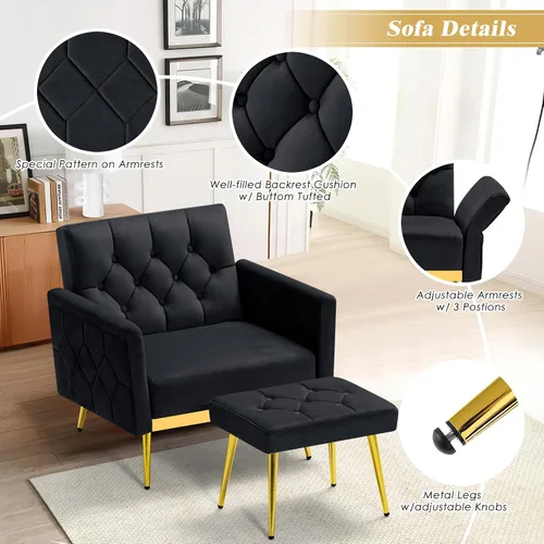 Miniatura 5 de Silla decorativa de terciopelo con reposabrazos y respaldos ajustables, sofá individual copetudo con otomana, silla de lectura tapizada para sala