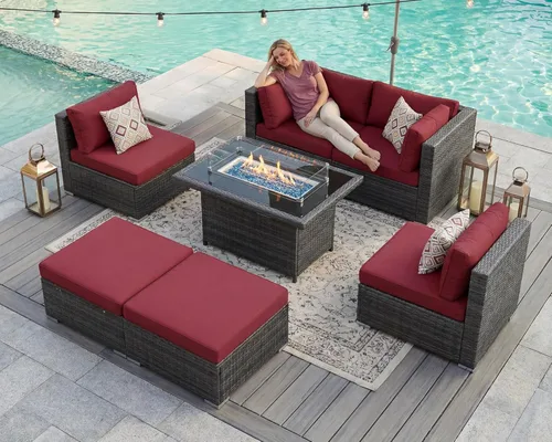 Miniatura 24 de BULEXYARD Juego de 7 piezas de sofá seccional para exteriores con respaldo alto, mesa para fogatas, juego de muebles de patio de mimbre resistente a