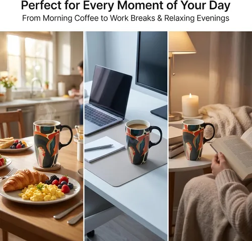 Miniatura 7 de Taza de café de cerámica de 17 onzas con tapa y caja de regalo, taza de té de porcelana floral abstracta moderna, apta para microondas y Colorido