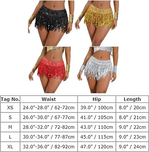 Miniatura 3 de IWEMEK Falda de cadera para danza del vientre, faldas con borlas de lentejuelas, pantalones cortos para festivales de baile, falda de lentejuelas