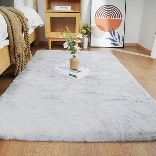 Miniatura 64 de Ghouse Alfombra ultrasuave de pelo sintético de conejo, alfombras lavables a máquina para dormitorio, alfombras esponjosas para sala de estar, Blanco