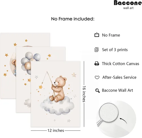 Miniatura 2 de Baccone Arte de pared para habitación de guardería con oso de peluche, póster para habitación de bebé niño o niña, decoración de pared de guardería