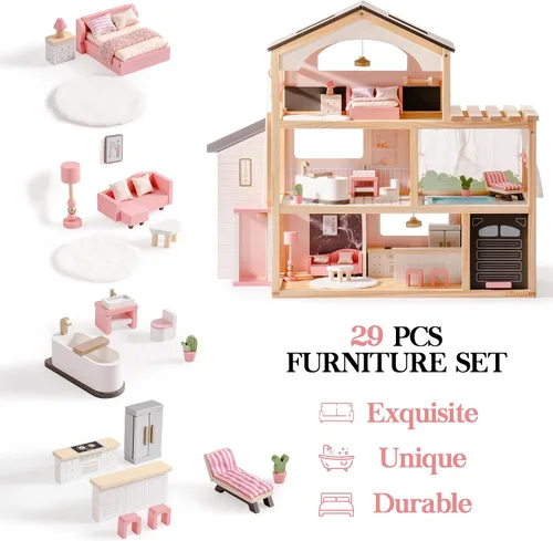 Miniatura 5 de ROBUD Casa de Muñecas, Casa de Muñecas de Madera con 6 Habitaciones, Set de Muebles de 29 Piezas, Ascensor Funcional, Garaje, Piscina, Regalo Ideal