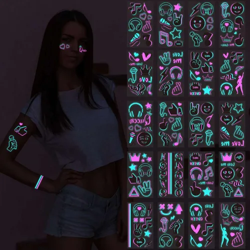 Miniatura 2 de 20 hojas de tatuajes que brillan en la oscuridad, tatuajes temporales, más de 160 estilos para adultos, fluorescentes, UV, neón, purpurina corporal