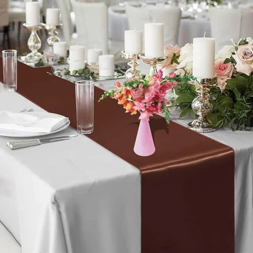 Miniatura 4 de Juego de 10 caminos de mesa satinados color marrón chocolate de 12 x 108 pulgadas de largo Premium Satin Table Runner, Smooth Silk Fabric